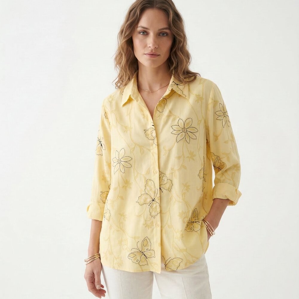 Samantha Grey Blouse Yellow Floral Butterfly Burnout Cottage Casual L